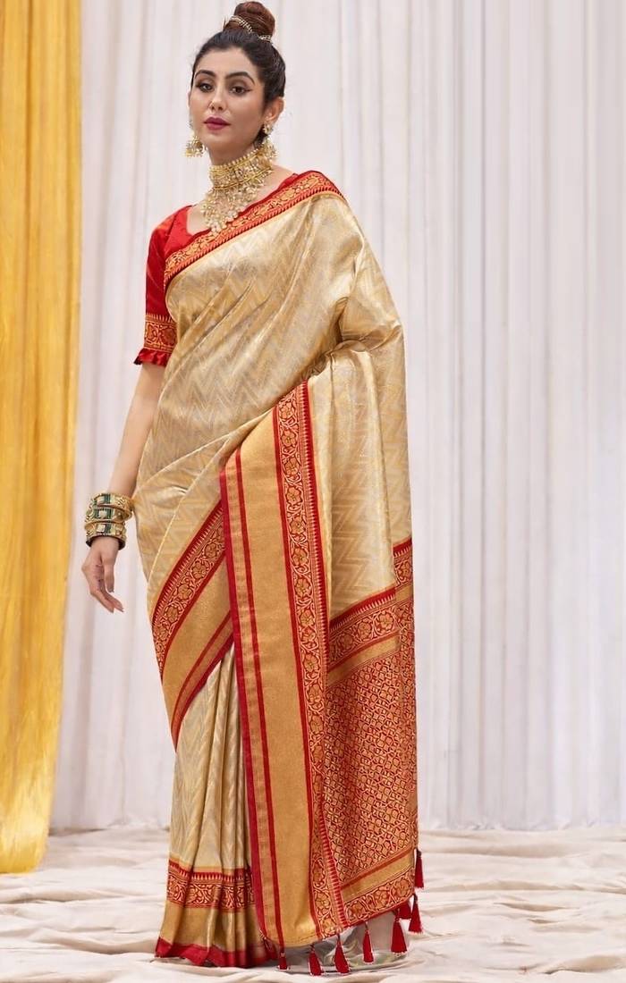 Cream red silk blend embroidered kanchipuram silk blend Saree with blouse 