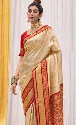 Cream red silk blend embroidered kanchipuram silk blend Saree with blouse  2