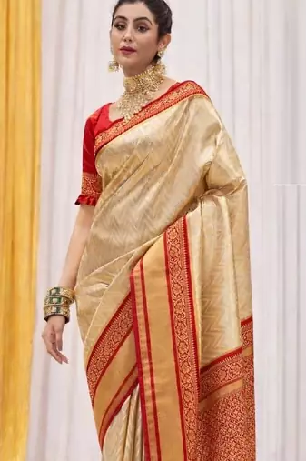 Cream red silk blend embroidered kanchipuram silk blend Saree with blouse 