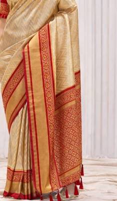 Cream red silk blend embroidered kanchipuram silk blend Saree with blouse  3