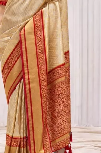 Cream red silk blend embroidered kanchipuram silk blend Saree with blouse 