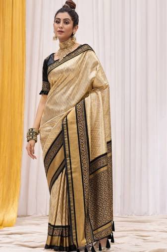 Cream black silk blend embroidered kanchipuram silk blend Saree with blouse 