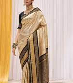 Cream black silk blend embroidered kanchipuram silk blend Saree with blouse 