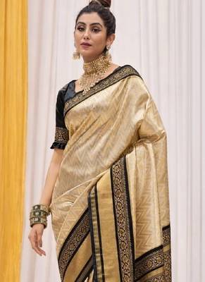 Cream black silk blend embroidered kanchipuram silk blend Saree with blouse  2