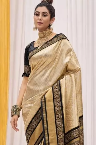 Cream black silk blend embroidered kanchipuram silk blend Saree with blouse 