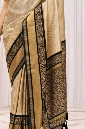 Cream black silk blend embroidered kanchipuram silk blend Saree with blouse 