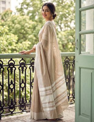 Beige colour linen saree with woven border & elegant pallu 3
