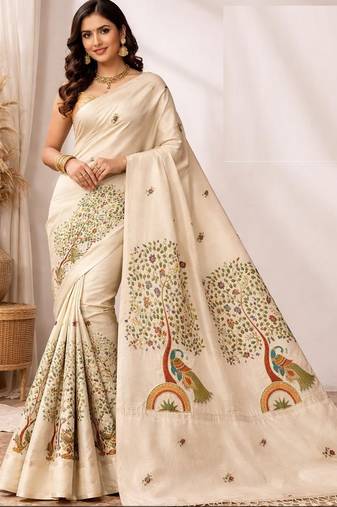 Cream green linen printed linen saree