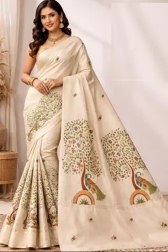 Cream green linen printed linen saree