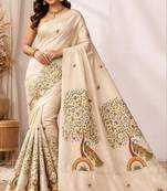 Cream green linen printed linen saree