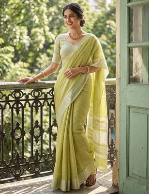 Green colour linen saree with woven border & elegant pallu 1