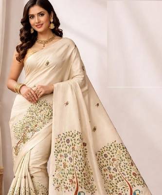 Cream green linen printed linen saree 2