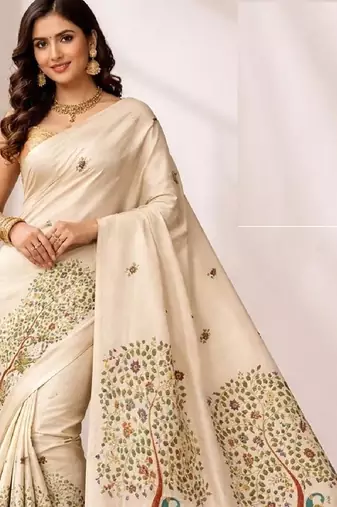 Cream green linen printed linen saree
