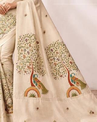 Cream green linen printed linen saree 3