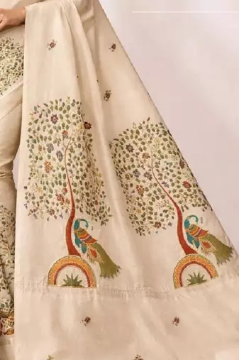 Cream green linen printed linen saree
