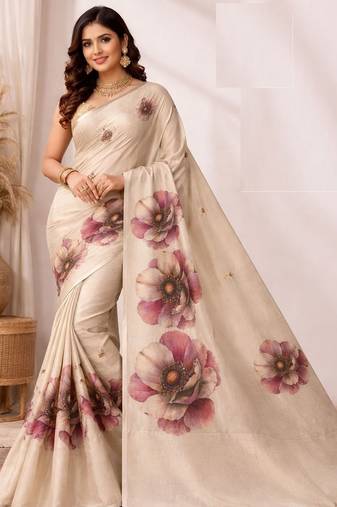 Cream pink linen printed linen saree
