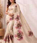 Cream pink linen printed linen saree