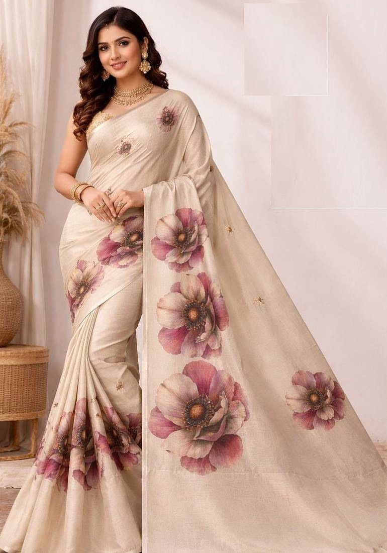 Cream pink linen printed linen saree