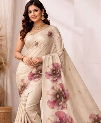 Cream pink linen printed linen saree 2