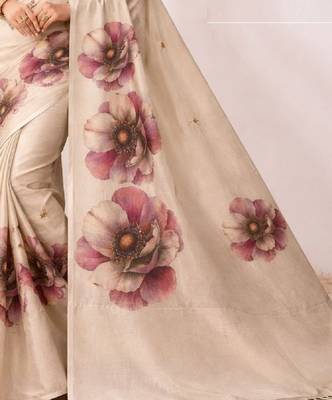 Cream pink linen printed linen saree 3