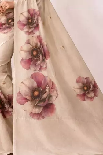 Cream pink linen printed linen saree