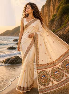 Cream linen printed linen saree 1