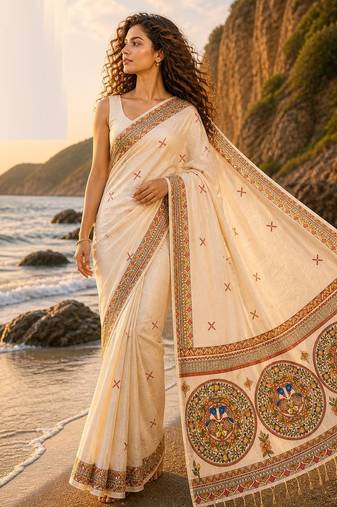 Cream linen printed linen saree