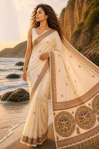 Cream linen printed linen saree