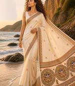 Cream linen printed linen saree