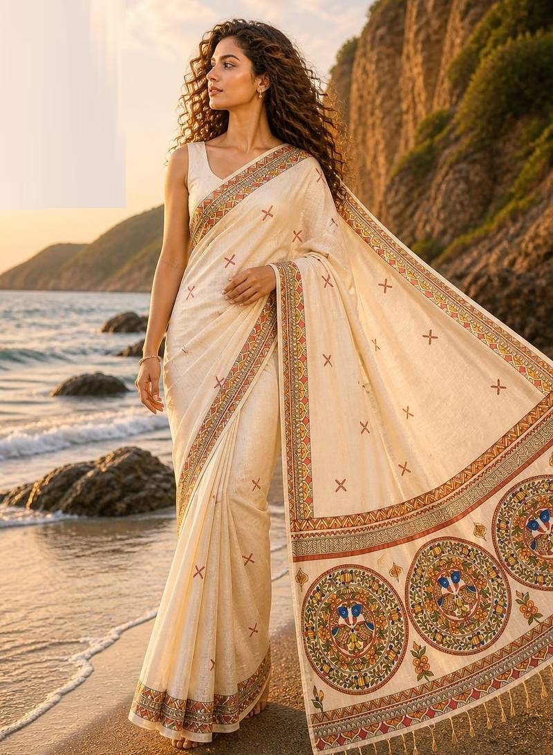 Cream linen printed linen saree