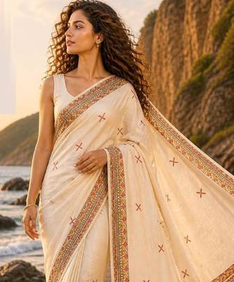 Cream linen printed linen saree 2