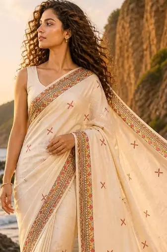 Cream linen printed linen saree