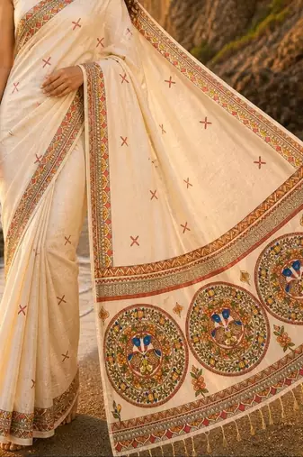 Cream linen printed linen saree