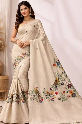 Cream linen printed linen saree