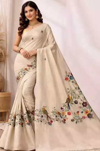 Cream linen printed linen saree