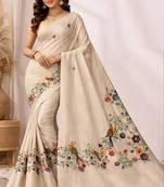 Cream linen printed linen saree