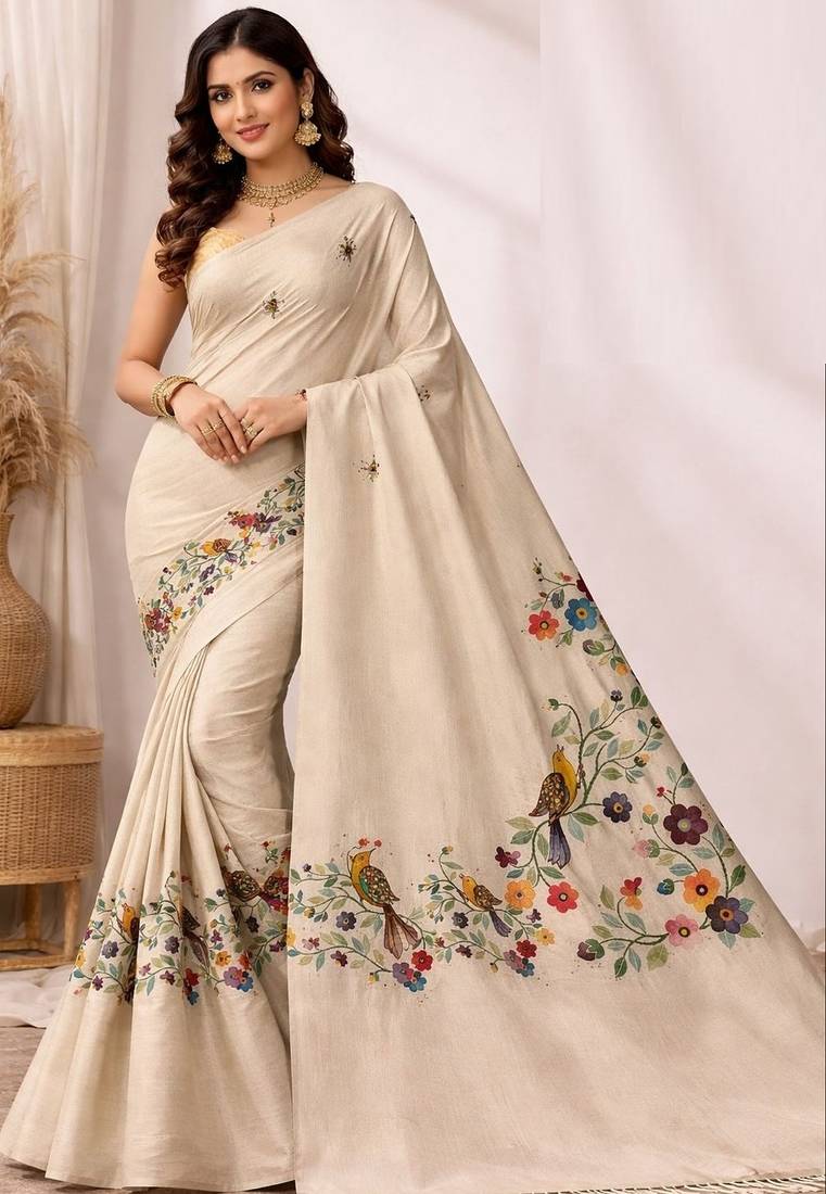 Cream linen printed linen saree