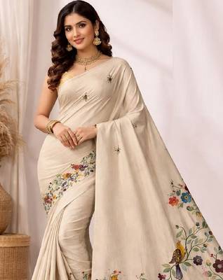 Cream linen printed linen saree 2