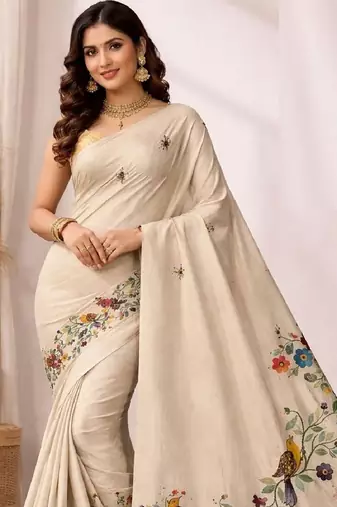 Cream linen printed linen saree