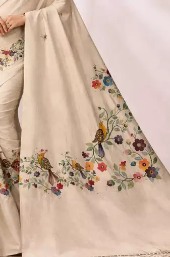 Cream linen printed linen saree