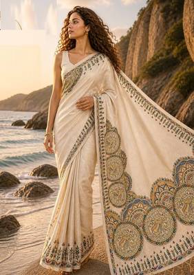Cream grey linen printed linen saree 1