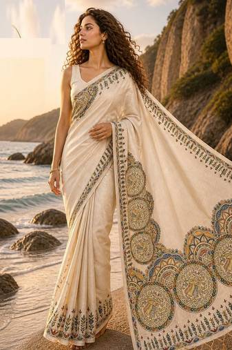 Cream grey linen printed linen saree
