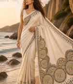 Cream grey linen printed linen saree