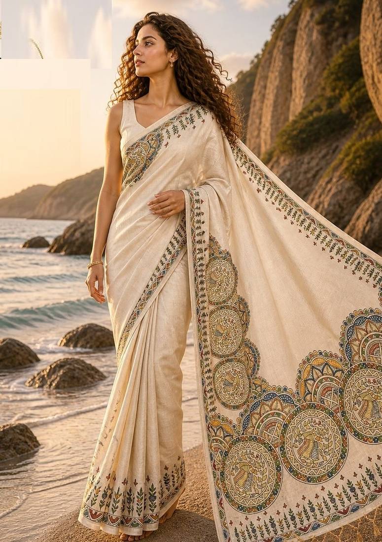 Cream grey linen printed linen saree
