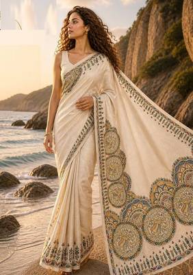 Cream grey linen printed linen saree 2