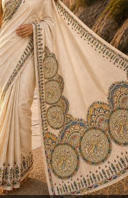 Cream grey linen printed linen saree 3