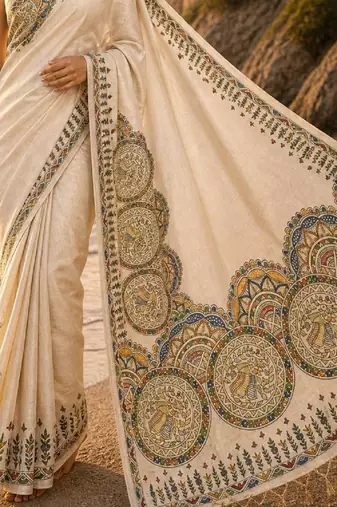 Cream grey linen printed linen saree
