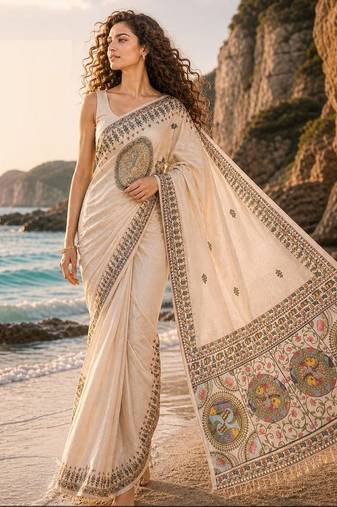 Cream linen printed linen saree