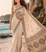 Cream linen printed linen saree