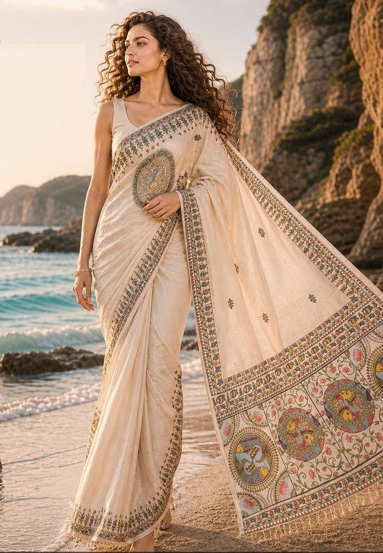 Cream linen printed linen saree